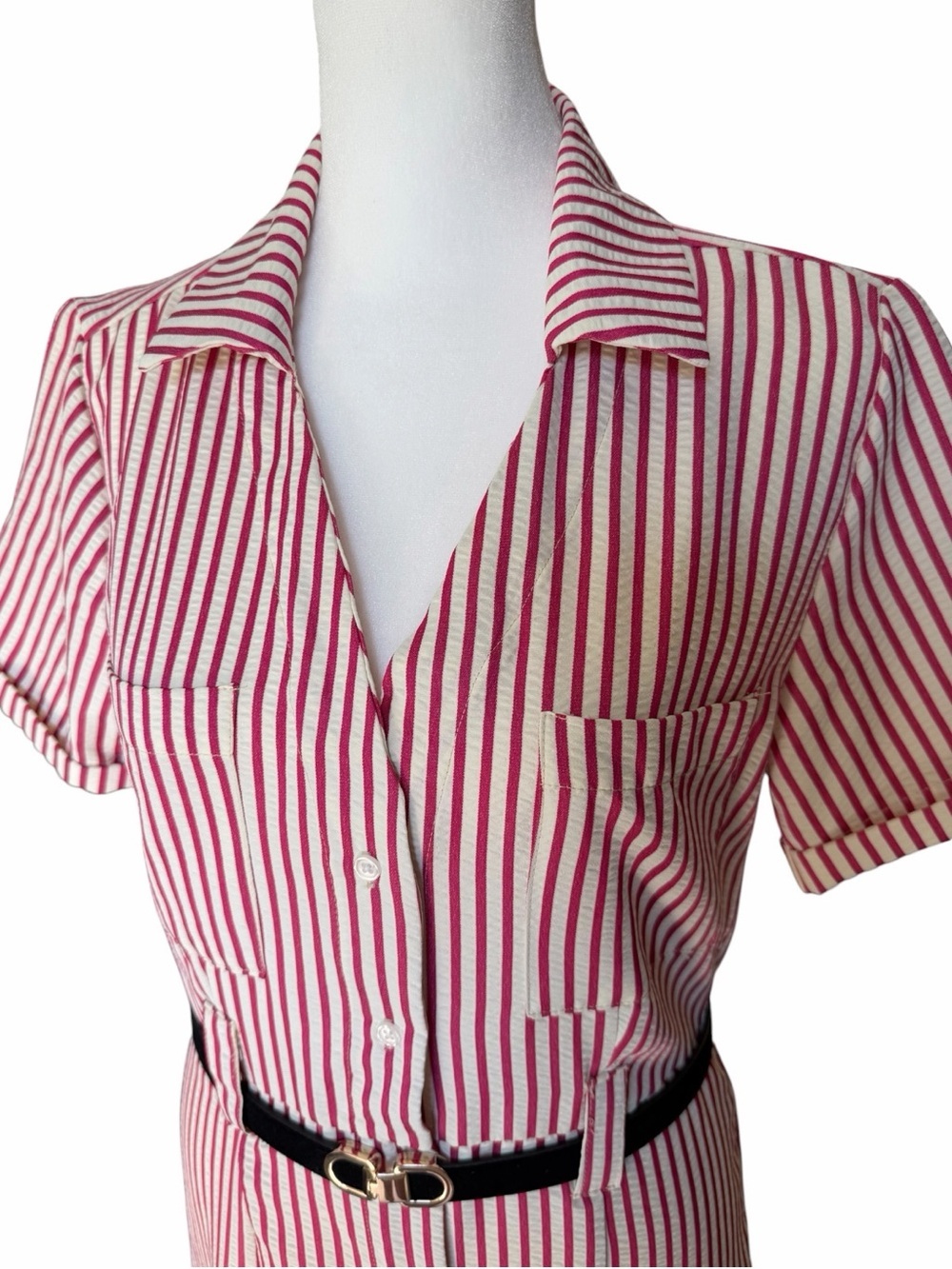 ☆𝐒𝐨𝐥𝐝☆ Vintage-Inspired FASHION NOVA Pink & White Striped Button-Front Dress. - Picture 3 of 14